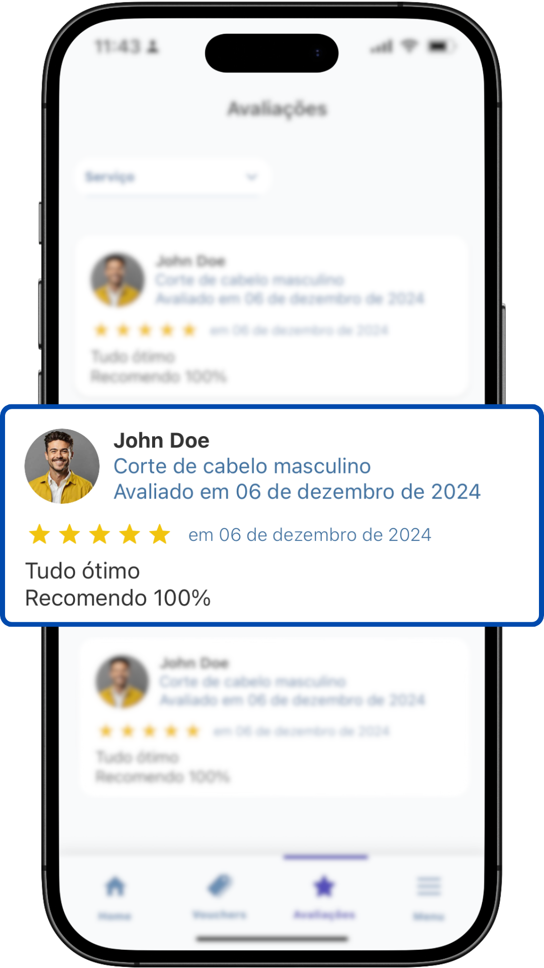 Tela de avaliações e feedbacks dos clientes no Buzke
