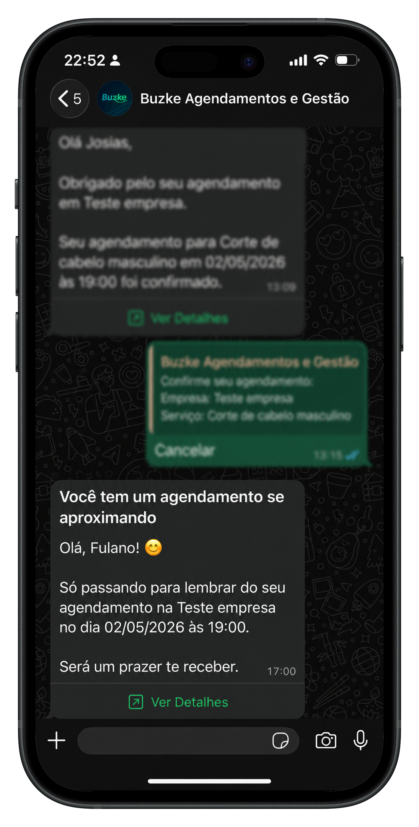Tela de lembretes de agendamento via WhatsApp no Buzke